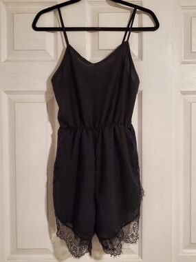 Satin Lace-Trim Black Romper with Adjustable Straps